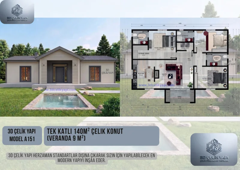 Tek Kat Çelik Ev 140 m² Model A151