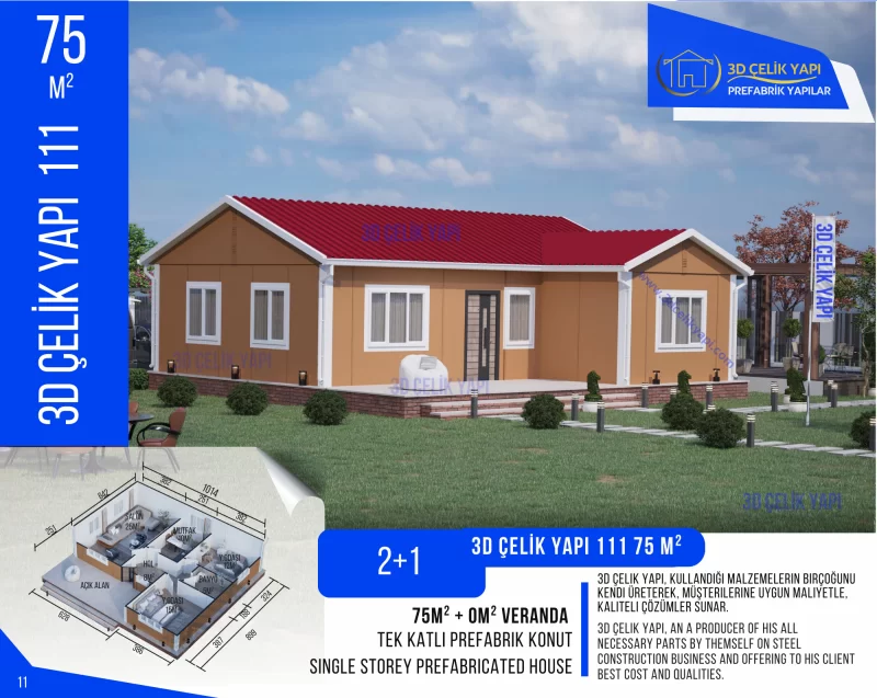Tek Kat Prefabrik Ev 75 m² 2+1 MODEL 111