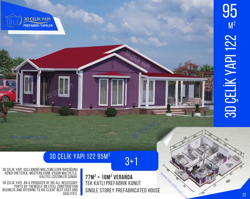 Tek Kat Prefabrik Ev 95 m²  3+1 MODEL 122