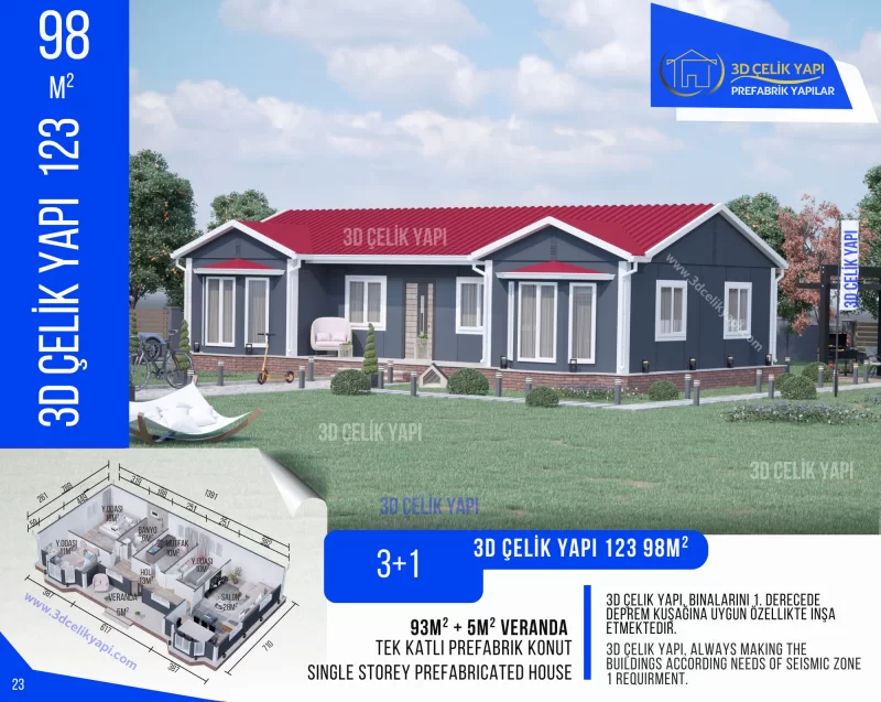 Tek Kat Prefabrik Ev 98 m²  3+1 MODEL 123