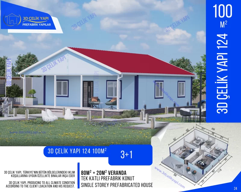 Tek Kat Prefabrik Ev 100 m²  3+1 MODEL 124