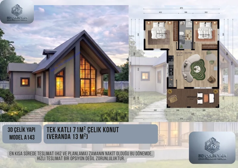 Tek Kat Çelik Ev 71 m² Model A143
