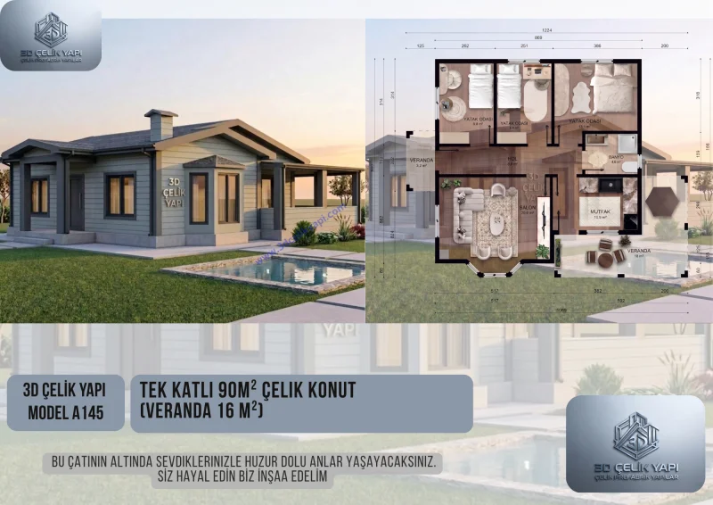 Tek Kat Çelik Ev 90 m² Model A145