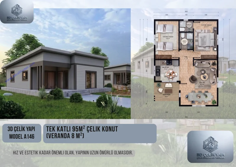 Tek Kat Çelik Ev 95 m² Model A146