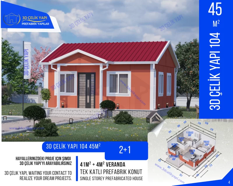 Tek Kat Prefabrik Ev 45 m² 2+1 MODEL 104