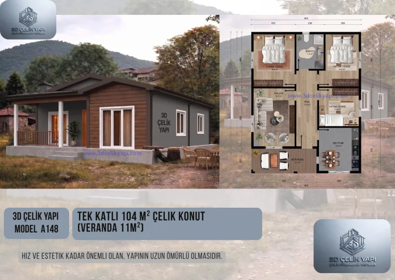 Tek Kat Çelik Ev 104 m² Model A148
