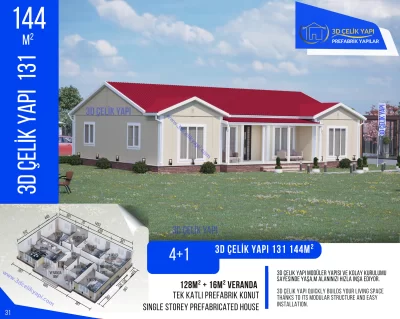 Tek Kat Prefabrik Ev  144 m²  4+1 MODEL 131