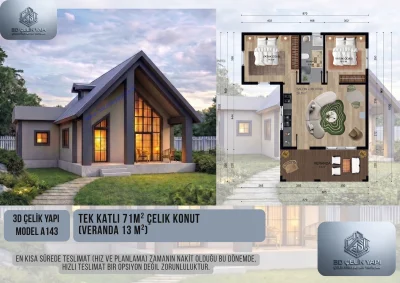 Tek Kat Çelik Ev 71 m² Model A143