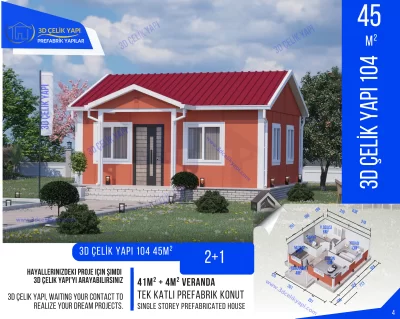Tek Kat Prefabrik Ev 45 m² 2+1 MODEL 104